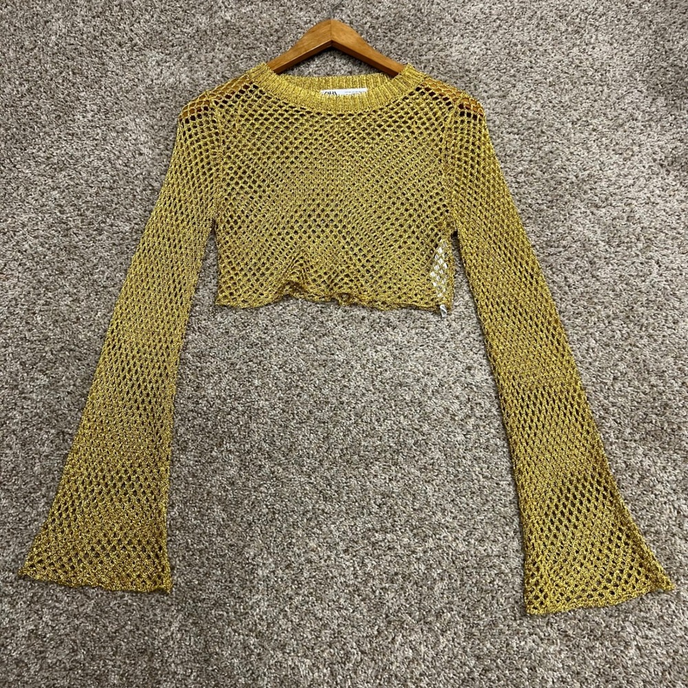 Zara Metallic Gold Open Knit Crop Top Long Flared Sleeve Fishnet XS